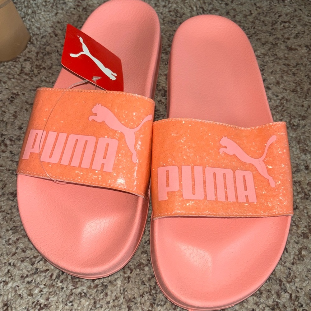 PUMA pink glitter slides